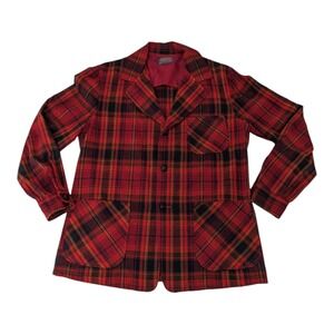 Vintage 70s Pendleton‎ Wool Plaid Hunting Jacket Medium Blazer Red Black Shirt